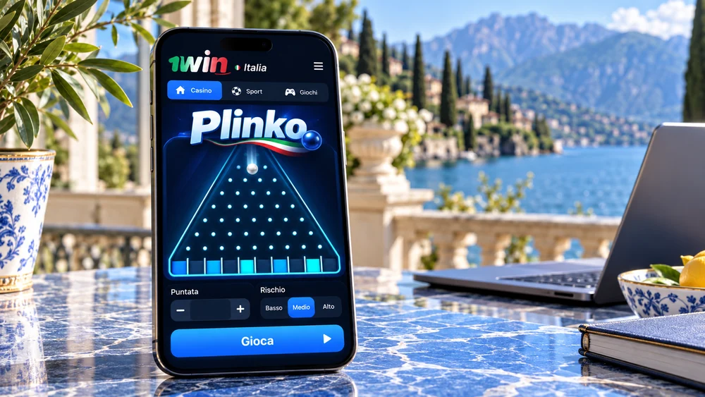 Plinko su 1win con griglia e impostazioni della puntata